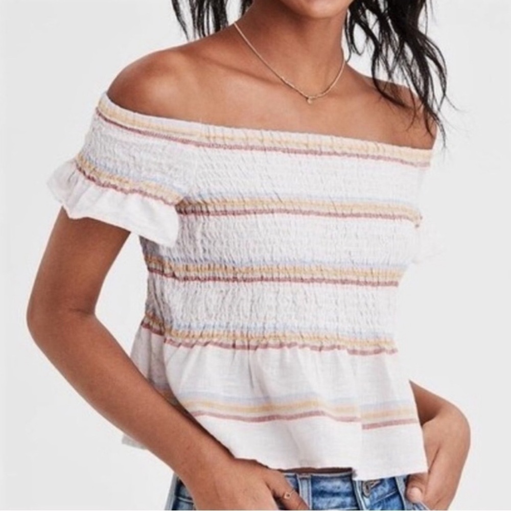 American Eagle scrunch crinkle crop top linen cotton blend - Picture 1 of 5